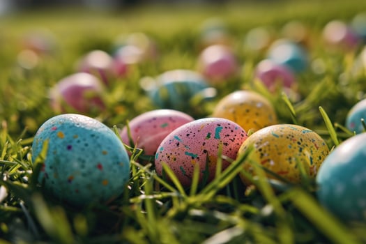 AI generated colorful easter eggs laying on a grass photo