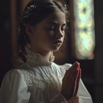 AI generated first communion girl with hands on chest praying photo