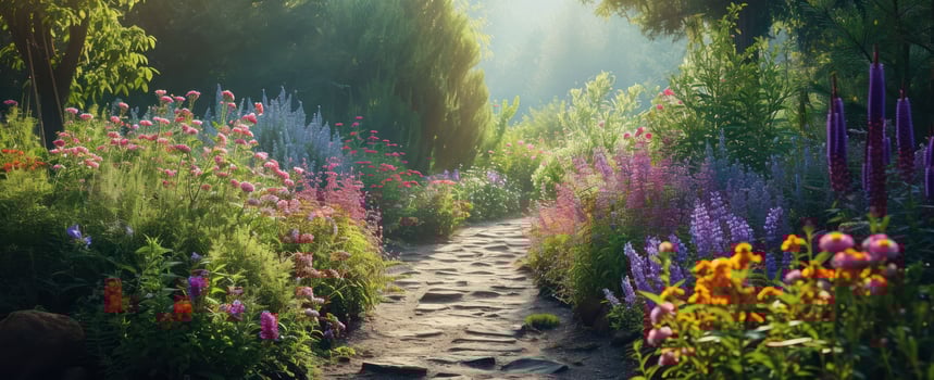 AI generated flowers in a garden with a path leading to flowers photo