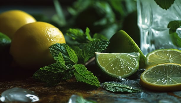 AI generated lime, mint and lemons from a glass photo
