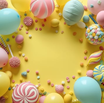 AI generated several balloons and candies are arranged in a circle on a yellow background photo
