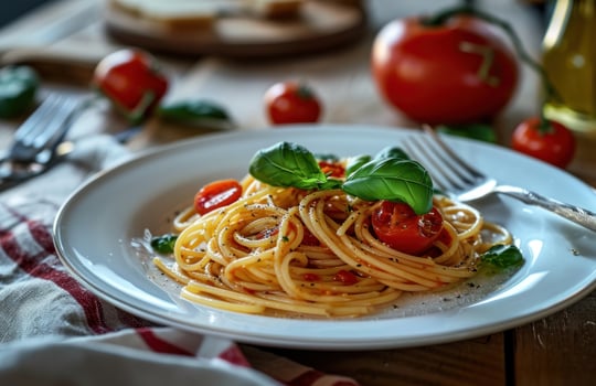 AI generated spaghetti on white plate with tomato photo