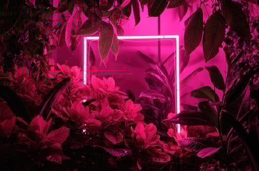 AI generated the glowing neon frame is surrounded by pink leaves and tropical flowers photo