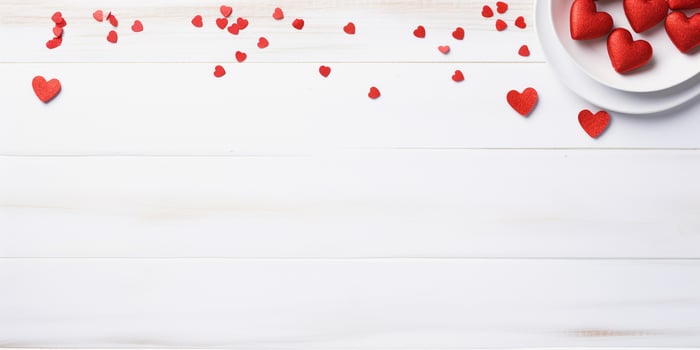 AI generated Valentines day table setting with red hearts and cutlery on wooden background  Generated ai photo