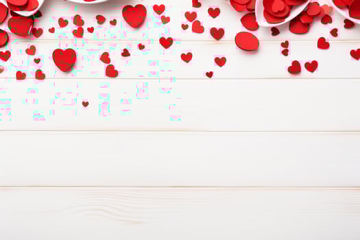 AI generated Valentine's day background. Red hearts on wooden table.  Generated ai photo