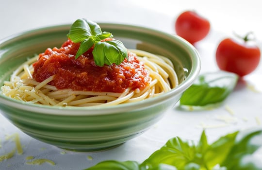AI generated tomato paste on spaghetti in green ceramic bowl in white photo
