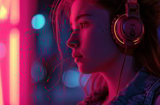 AI generated young woman with headphones in front of light photo