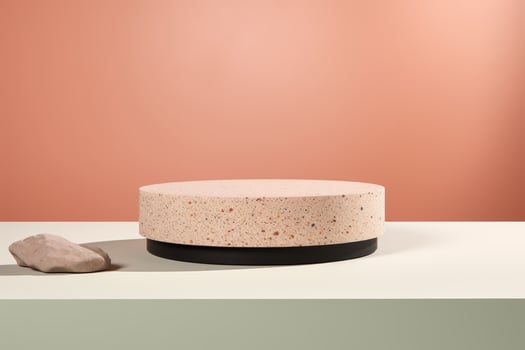 AI generated Sleek White Exhibition Stand with Orange Backdrop for Product Launches photo