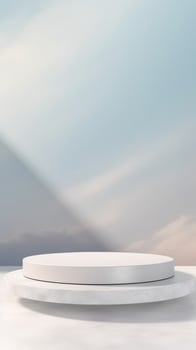 AI generated Sleek White Podium against Cloud-Inspired Backdrop for Serene Product Staging photo