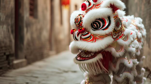 AI generated Chinese traditional lion dance costume performing at a temple in China, Lunar new year celebration, Chinese New Year photo