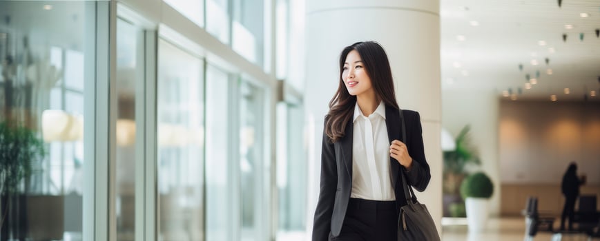 AI generated Asian businesswoman walking outside office building with handbag photo