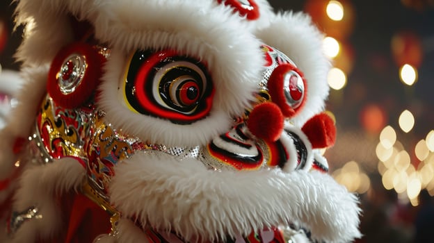 AI generated Chinese traditional lion dance costume performing at a temple in China, Lunar new year celebration, Chinese New Year photo