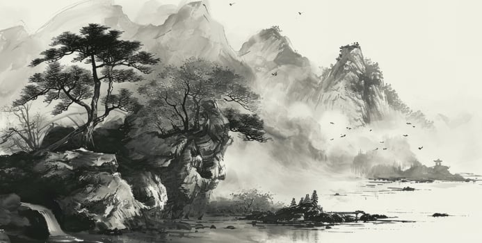 AI generated Chinese style ink landscape photo