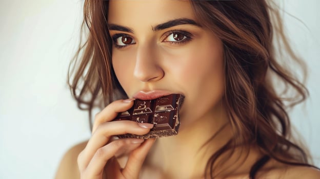 AI generated Young woman eating sweet chocolate bar on white background photo