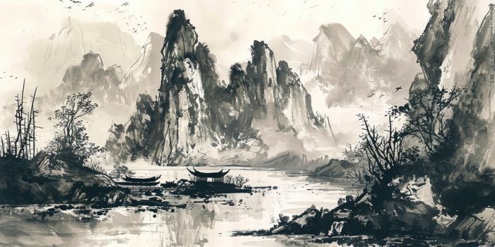 AI generated Chinese style ink landscape photo