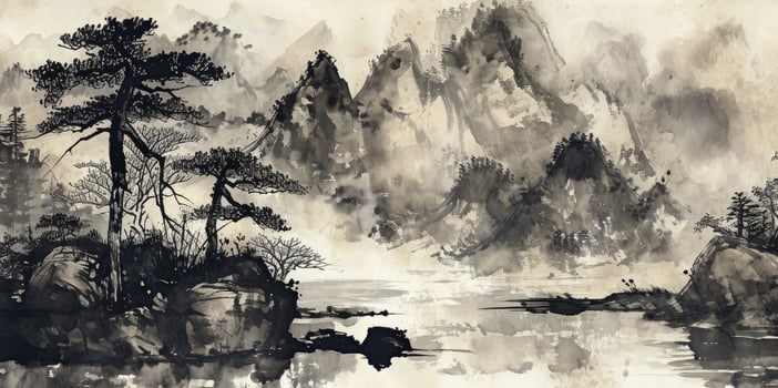 AI generated Chinese style ink landscape photo