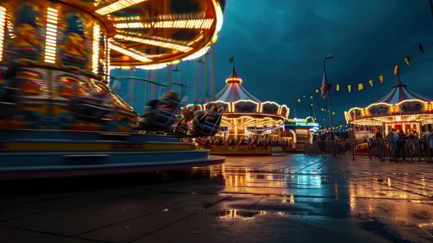 AI generated Funfair and carnival rides and attractions glowing at night. photo