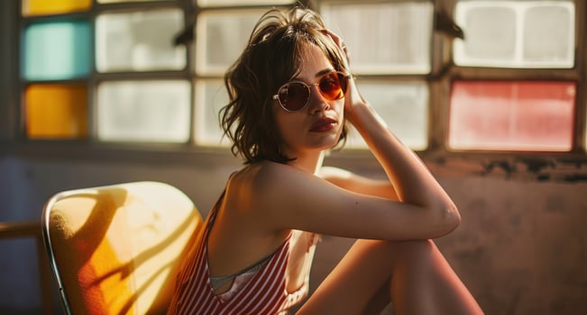 AI generated a beautiful young woman is sitting in a brightly colored chair photo