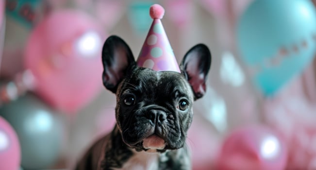 AI generated a little french bulldog wearing a birthday hat photo