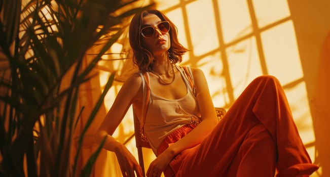 AI generated a tall, skinny woman wearing orange pants and sunglasses sits on a chair. photo