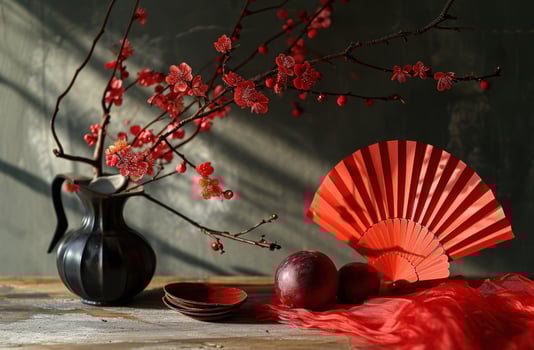 AI generated spring festival red paper flower fan with fresh plum. photo