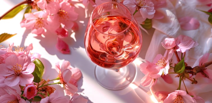 AI generated a glass of rose wine beside some pink flowers photo
