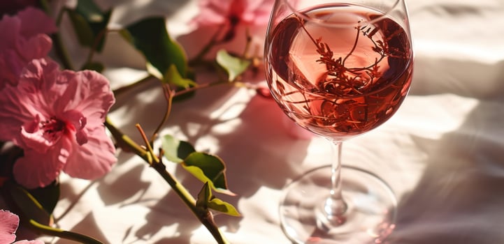 AI generated a glass of rose wine beside some pink flowers photo