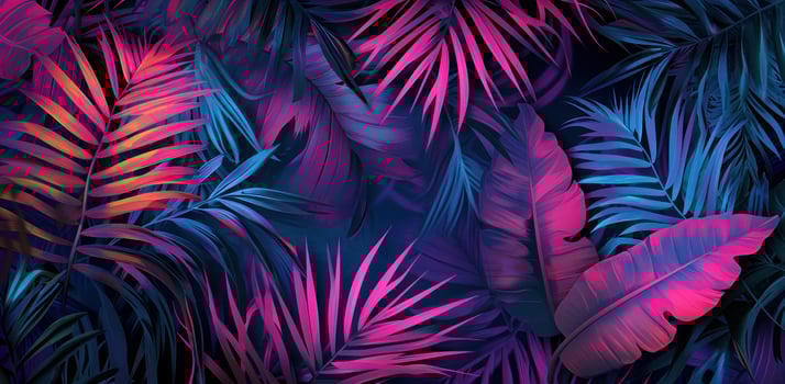 AI generated a image with palm leaves that are glowing in pink, purple and blue photo