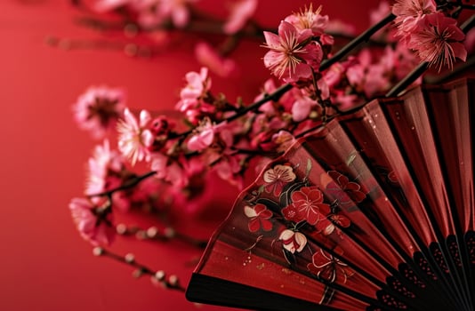 AI generated a paper fan with pink flowers on a red background, photo