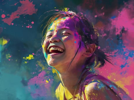 AI generated a young girl smiling in colorful powder photo