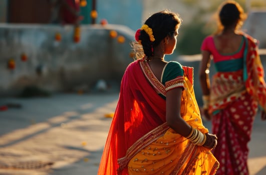 AI generated an indian woman walking with an indian woman in bright colors photo