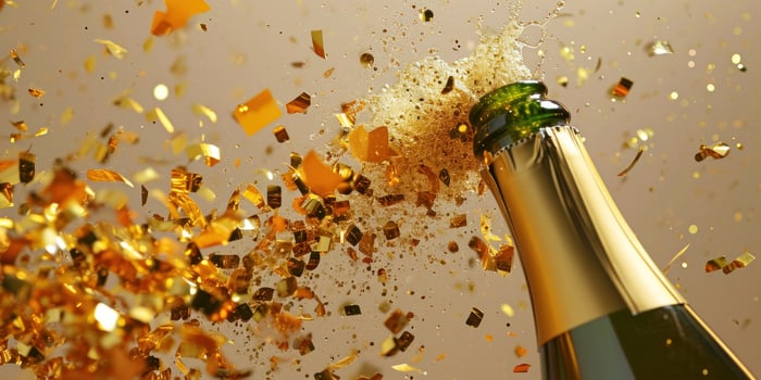 AI generated champagne bottle bursting with golden confetti on a beige background photo