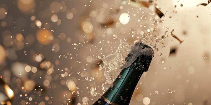 AI generated champagne bottle bursting with golden confetti on a beige background photo