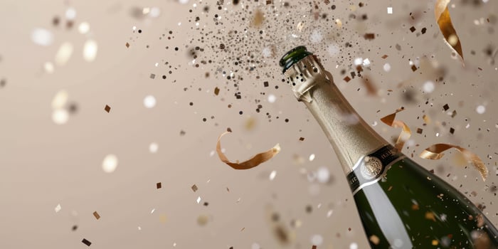 AI generated champagne bottle bursting with golden confetti on a beige background photo