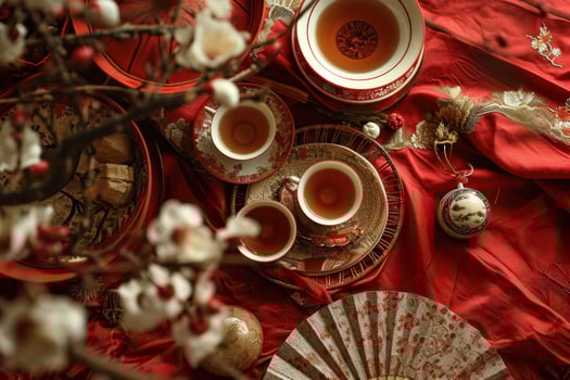 AI generated chinese new year, decoration of paper flower fan with traditional flora in pink background photo
