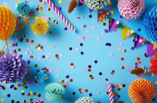 AI generated colorful party decorations on a blue background, photo