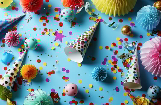 AI generated colorful party decorations on a blue background, photo