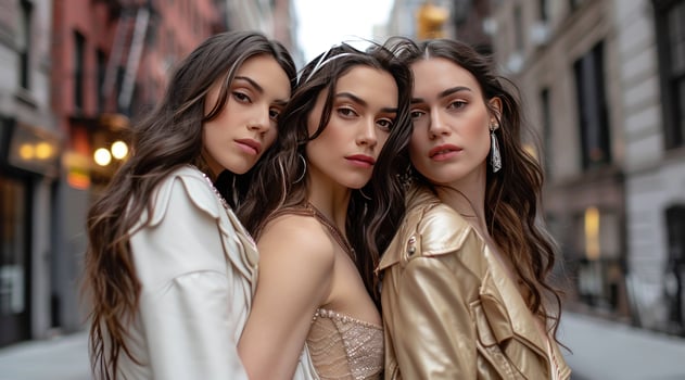 AI generated three brunette women posing in the street photo