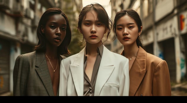 AI generated three women in suits in an urban street photo