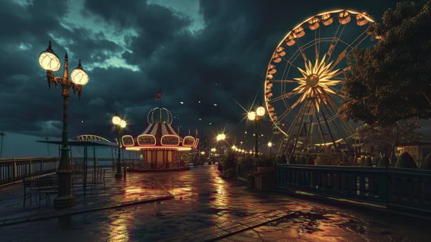 AI generated Old carnival with a ferris wheel on a cloudy night. 3D rendering, illustration photo
