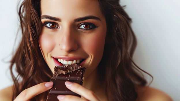 AI generated Young woman eating sweet chocolate bar on white background photo