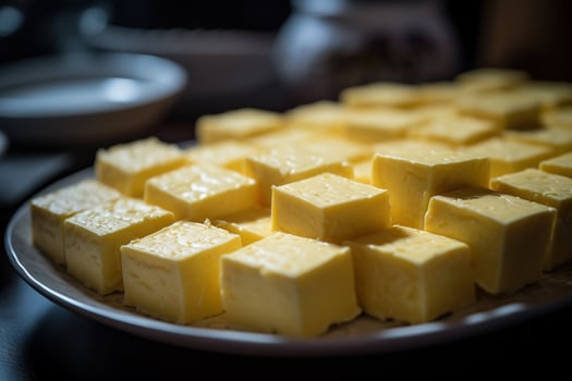 AI generated Close-up of a plate of yellow cheese cubes. photo