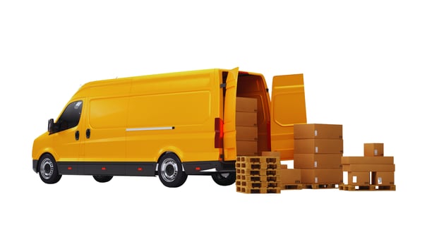Editable Delivery Van Mockup, Realistic Cargo Transportation Vehicle Template Isolated on White Background for Branding and Advertising Design photo