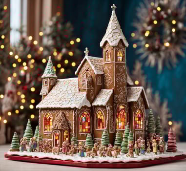 AI generated gingerbread house on a wooden table with bokeh lights photo