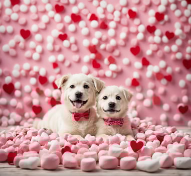AI generated Two cute labrador retriever puppies with hearts on pink background. photo