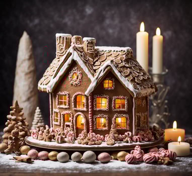 AI generated Gingerbread house with burning candles and Christmas decorations on a wooden background photo