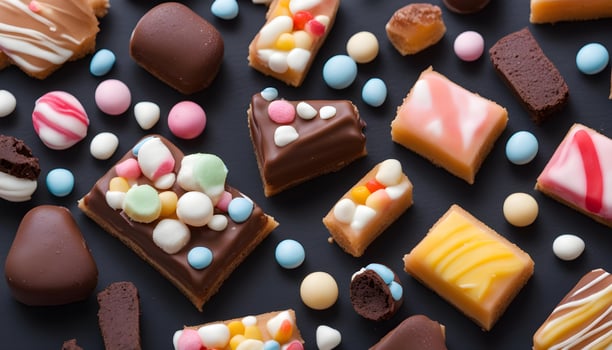 AI generated assorted chocolate and candy bars on a black background photo