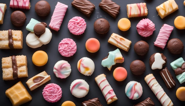 AI generated assorted sweets on a black background photo