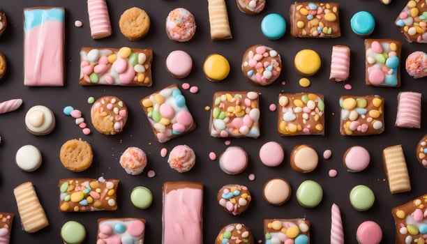 AI generated a large assortment of colorful candy bars on a black background photo