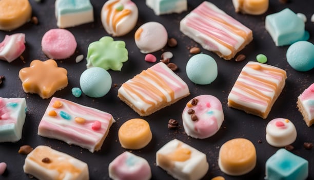 AI generated assorted colorful candy on a black background photo